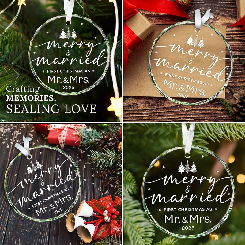 HEXMOZ Wedding Gifts for Couples 2025 - First Christmas Married Glass Ornament, Mr and Mrs Gifts, Wedding Ideas for Newly Wed, Just Married Couple, Bride - Bridal Shower Gift 1st Christmas Merry Decor - Image 4
